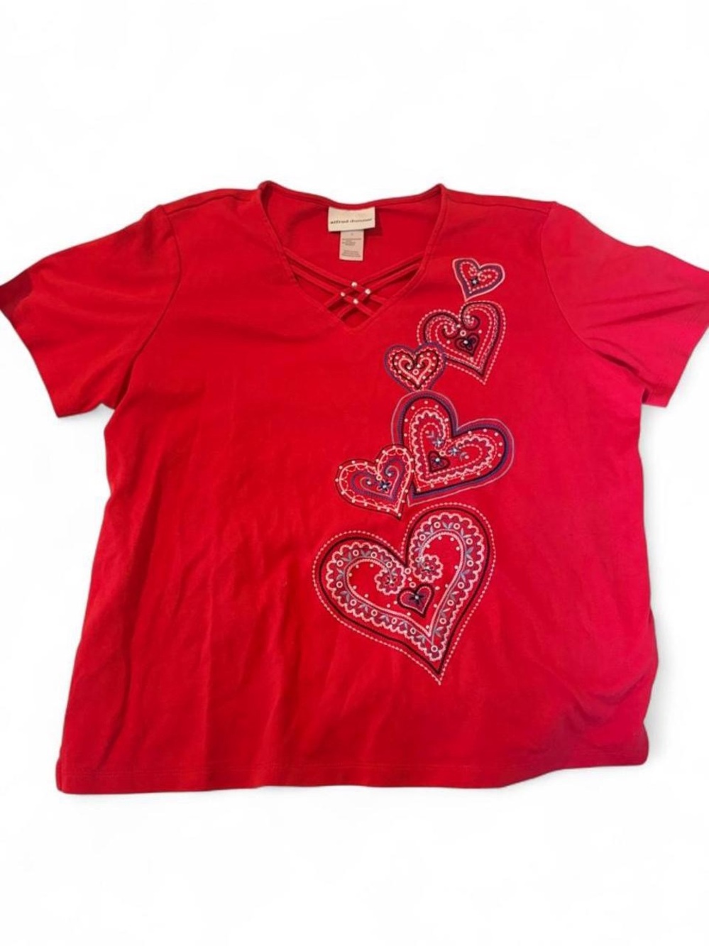 Red Heart-Print V-Neck Women’s Top